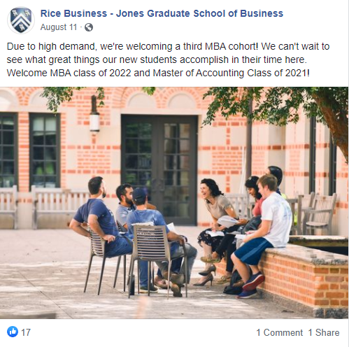 Social media post about Rice Business new third cohort