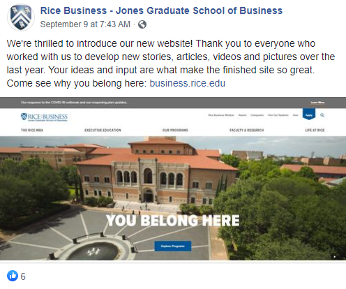 Facebook post about new Rice Business website