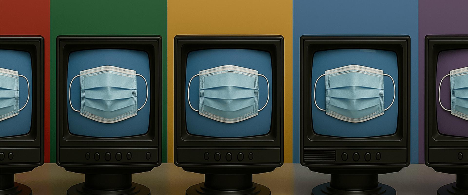 Line of televisions with medical masks on screen