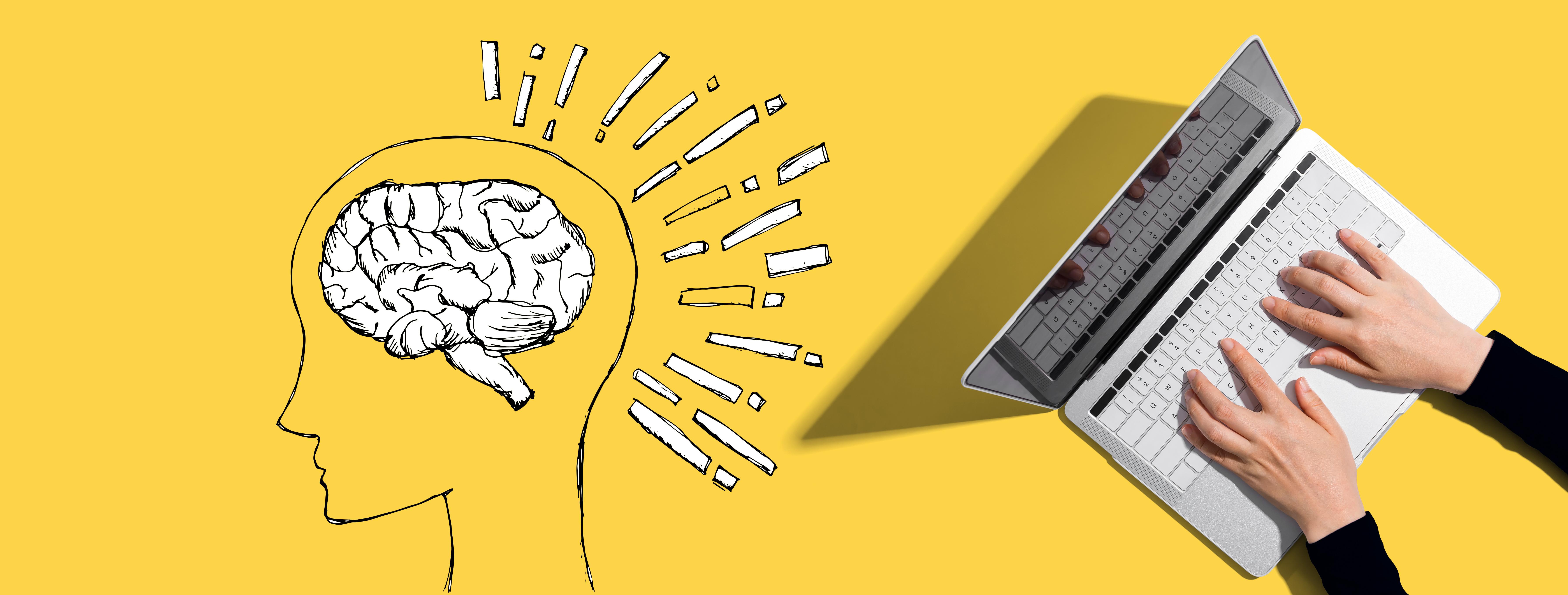 Line drawing of human brain next to person on laptop