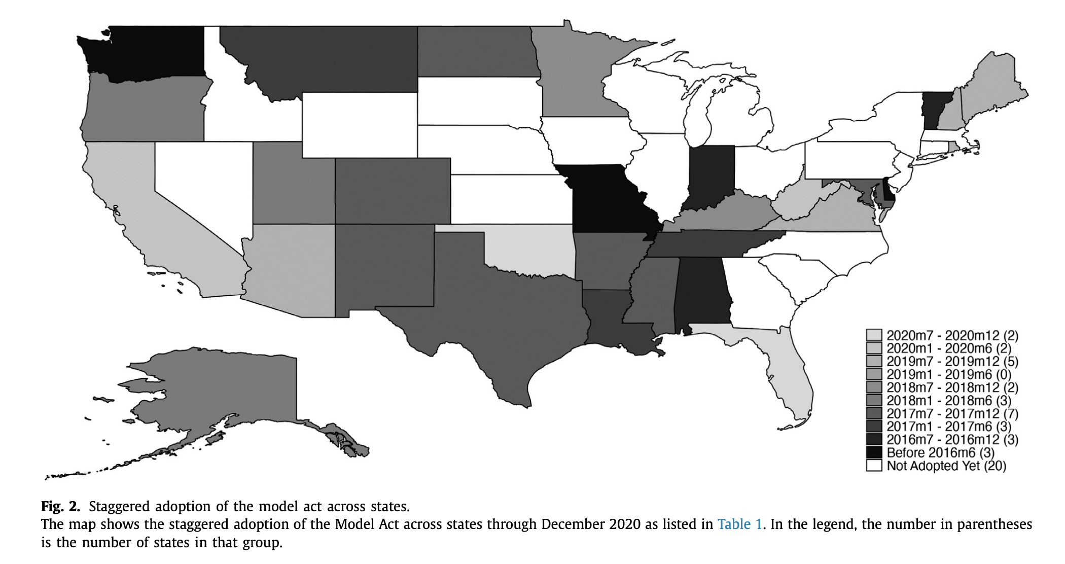 Map of U.S. according to adoption of Model Act