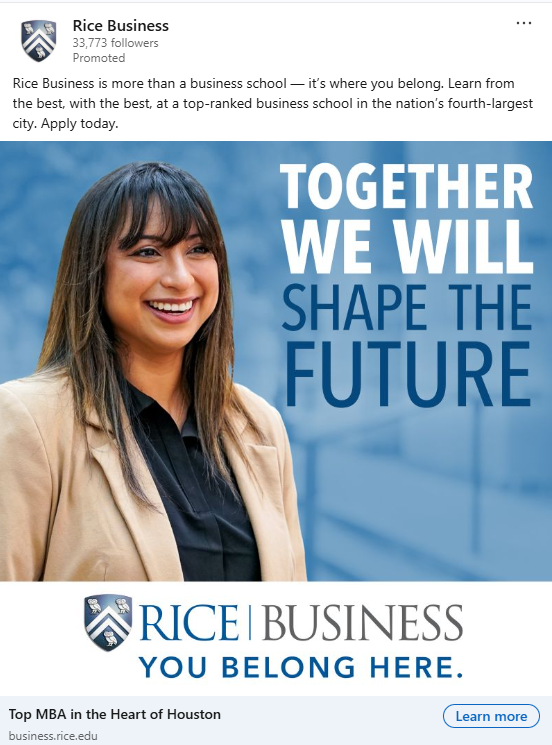 Screenshot of Rice Business social ad in platform