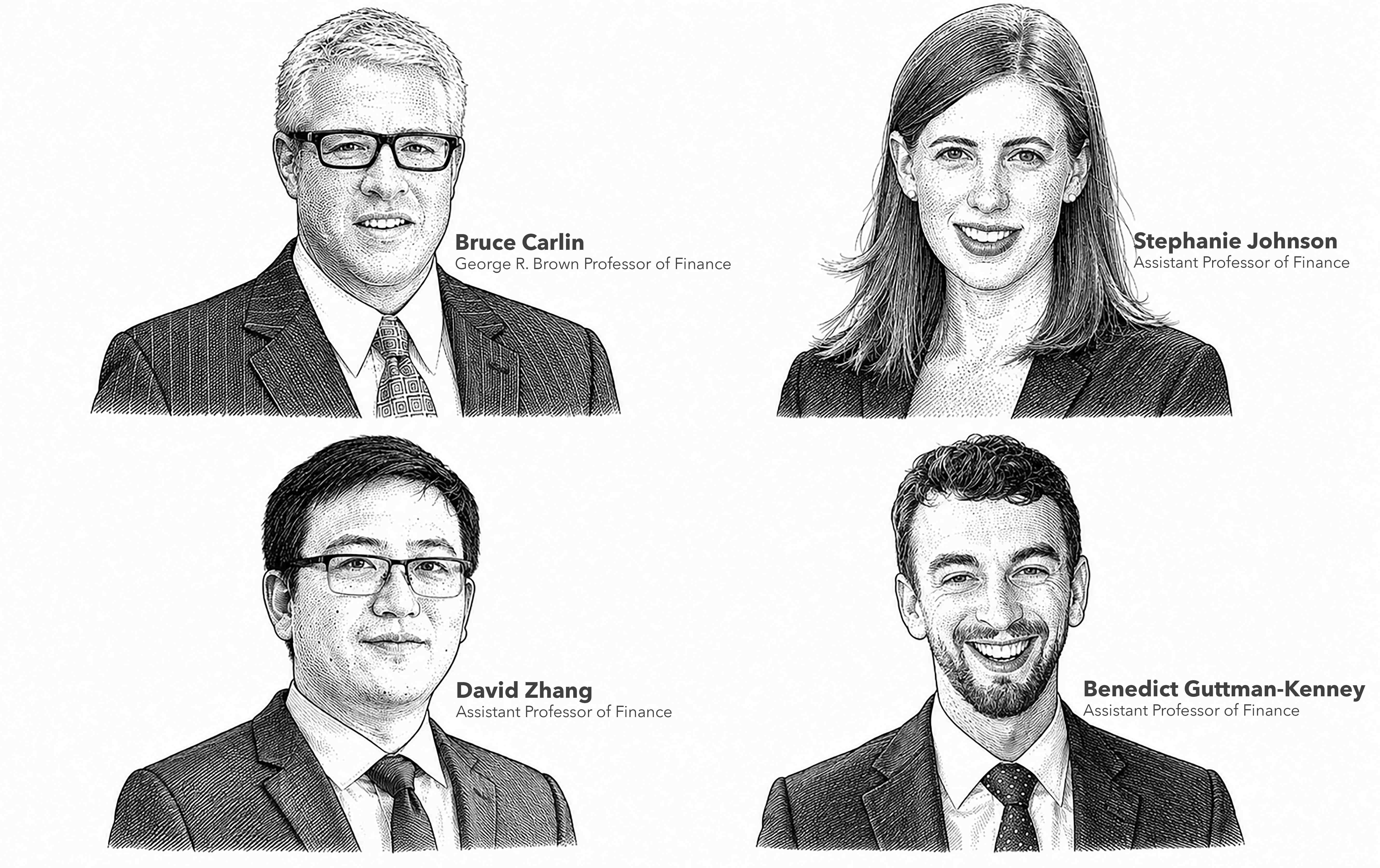 Line-drawn headshots of Bruce Carlin, Stephanie Johnson, David Zhang, and Benedict Guttman-Kenney