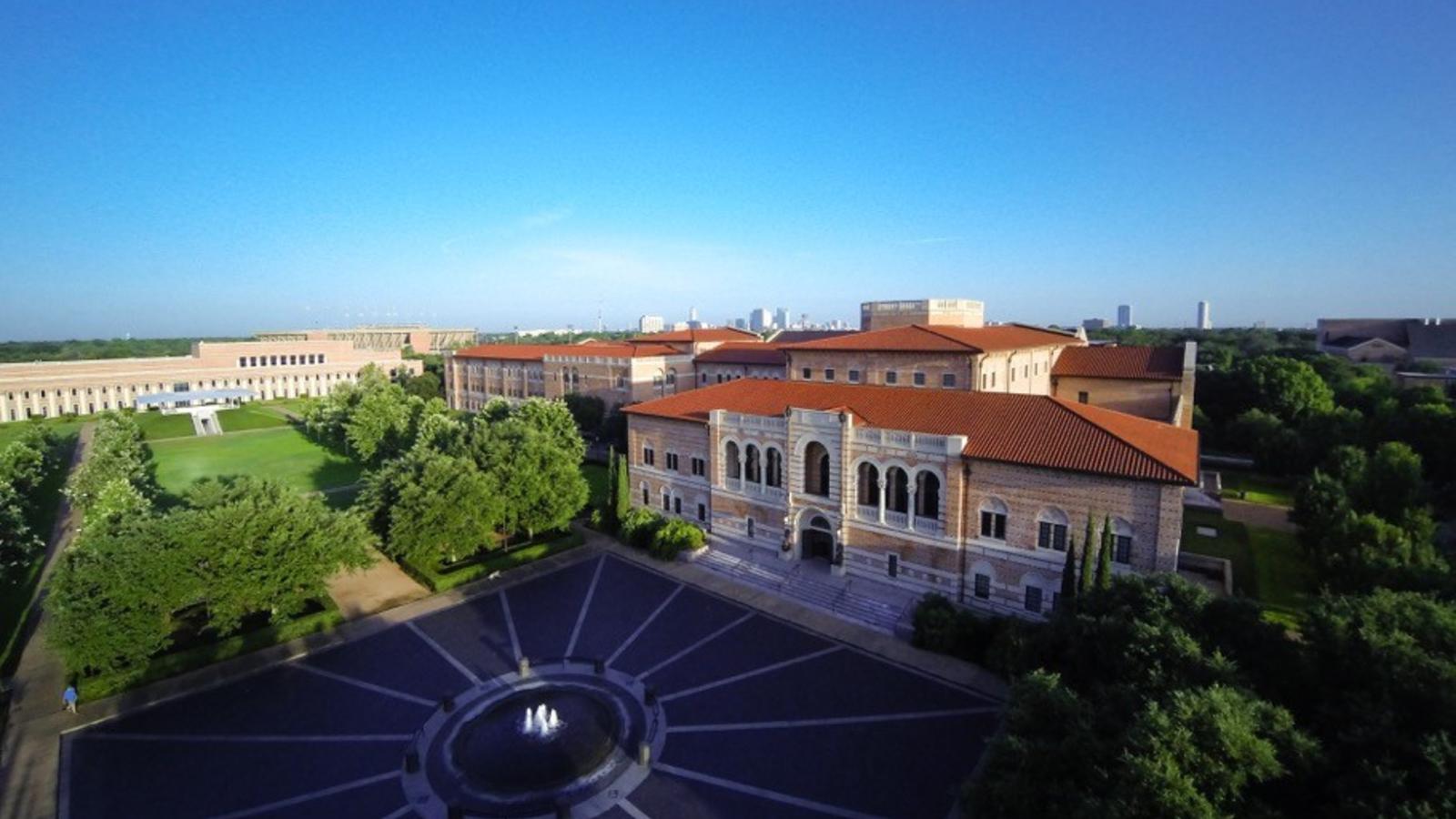 Aerial view of McNair Hall with fountain view 