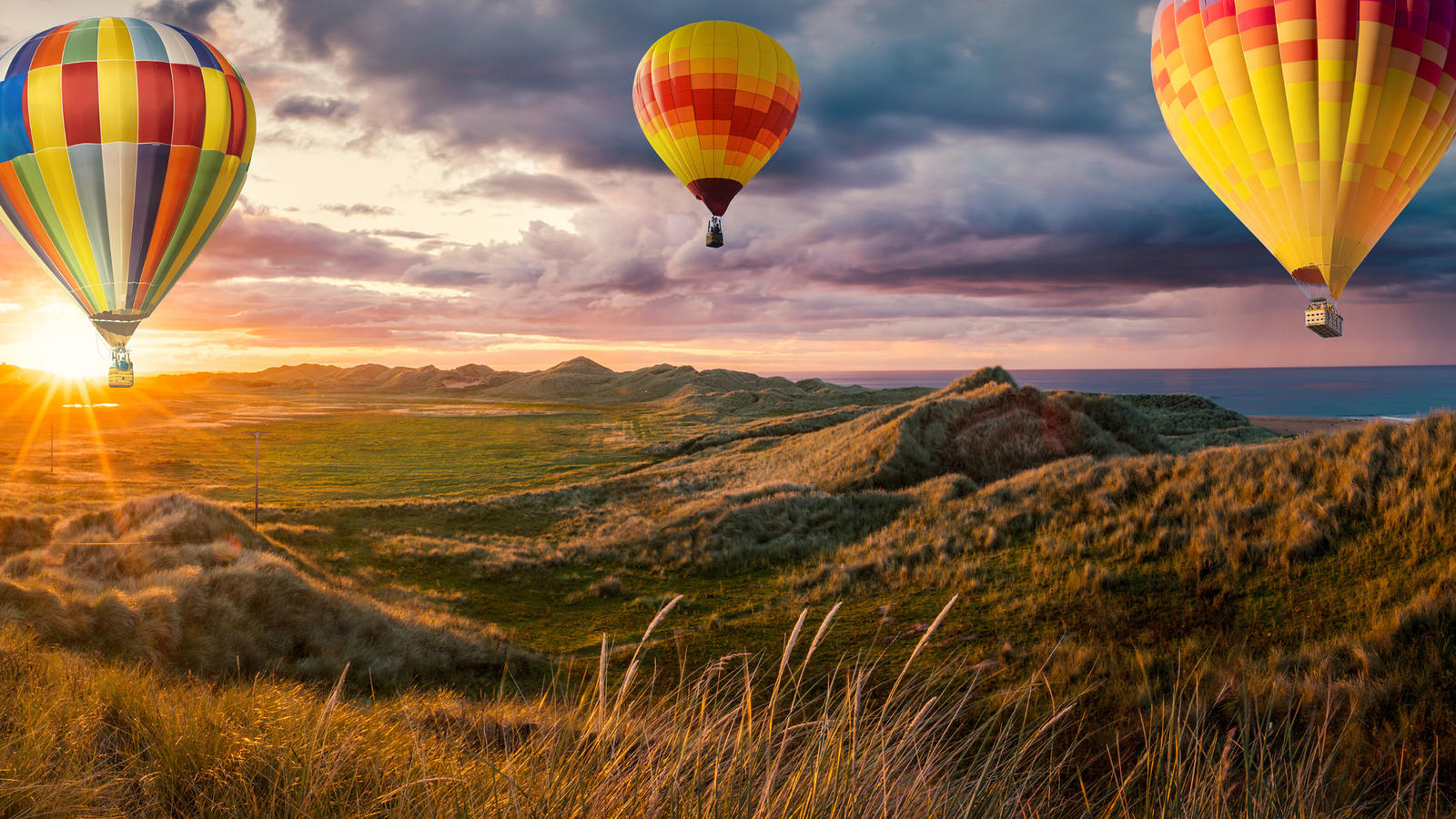 Hot Air Balloons Flying Over Landscape