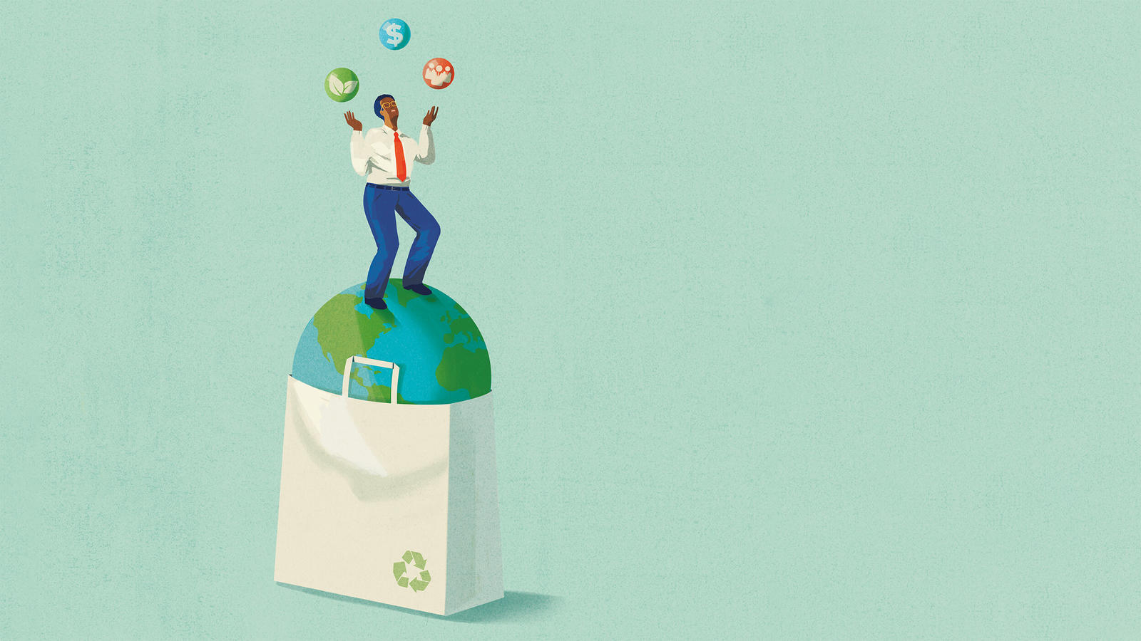 Man juggling items on the globe