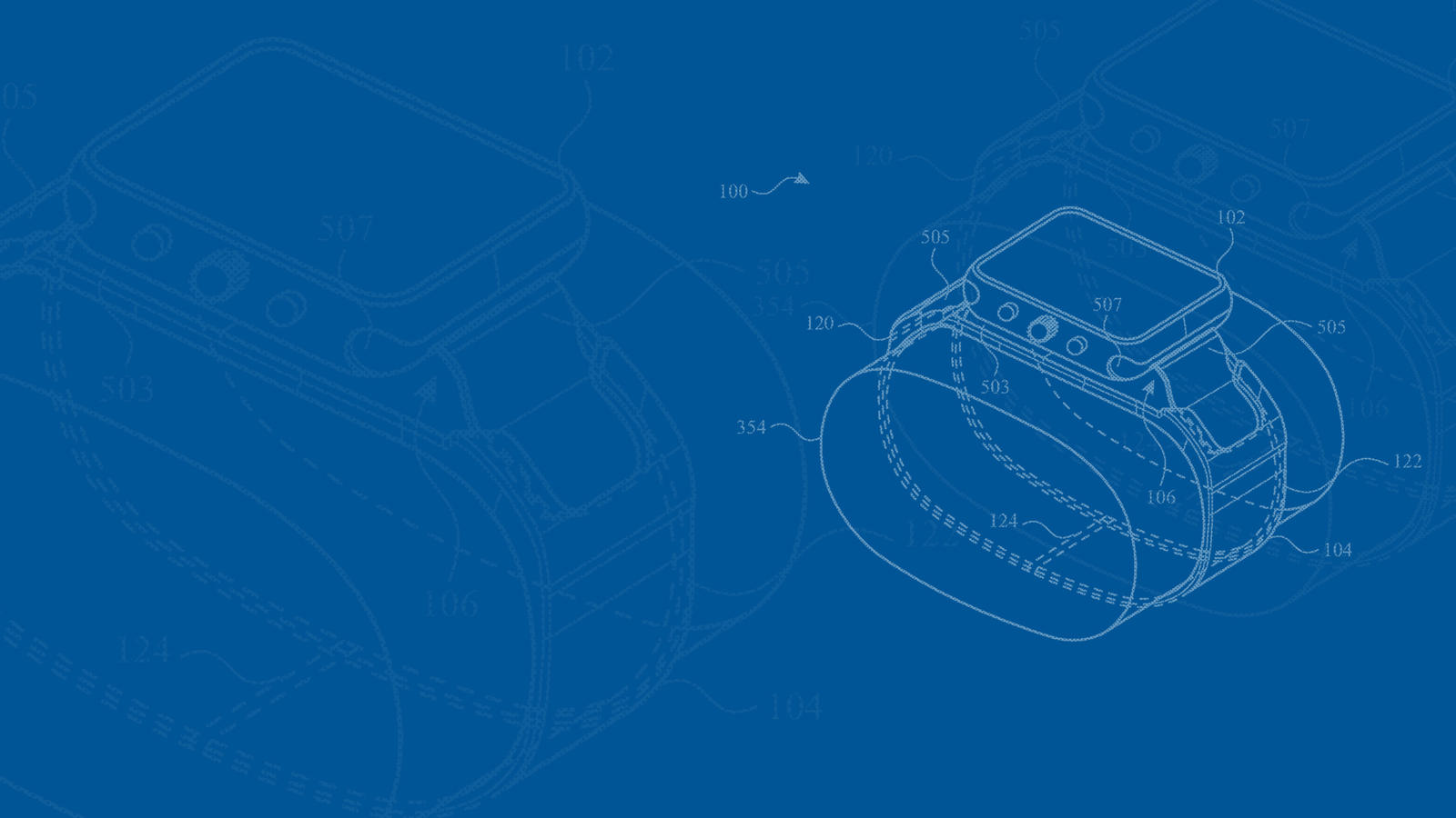 Patent drawing of a smart watch on blue background