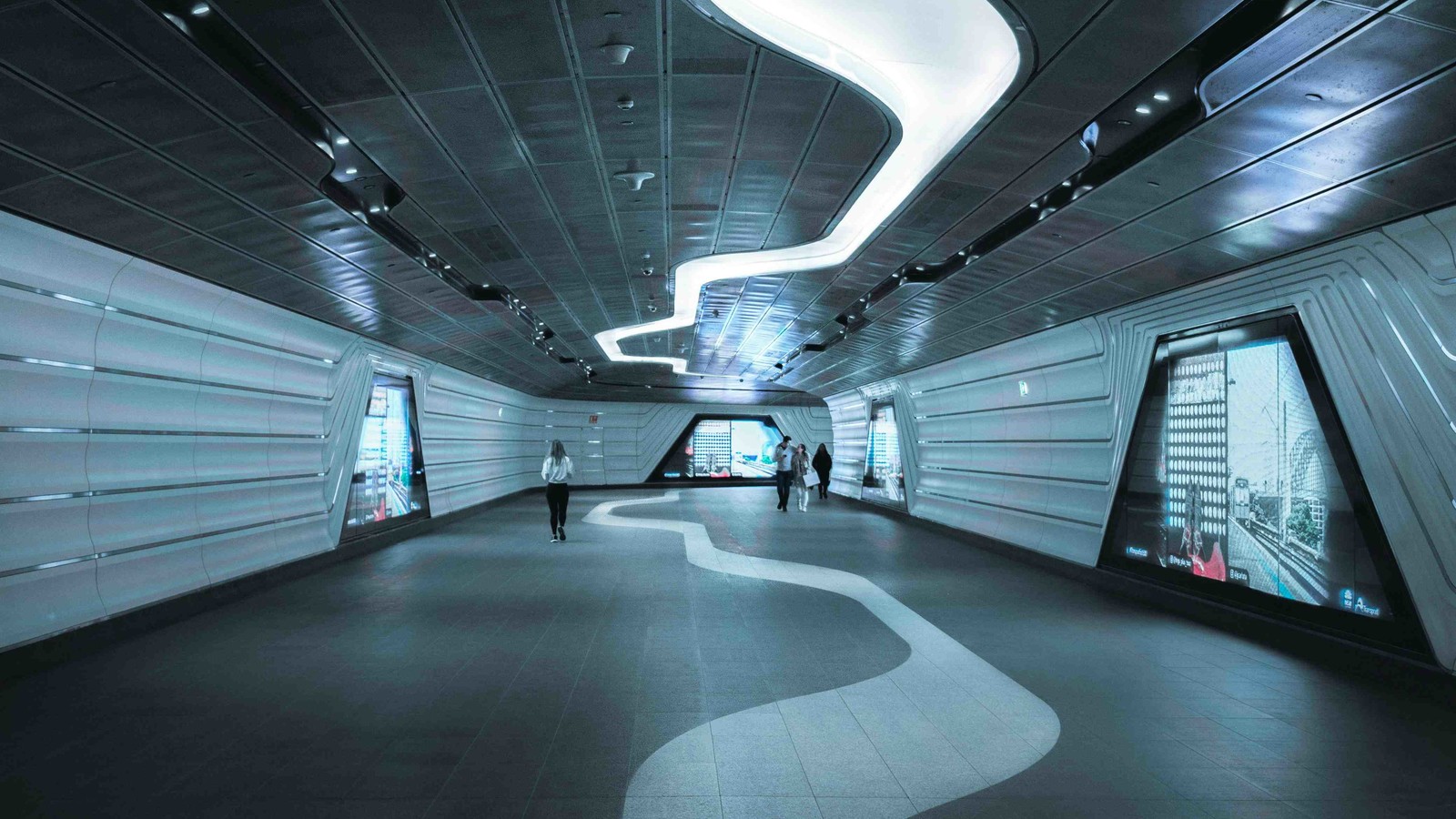 Futuristic hallway with zig-zag ceiling light