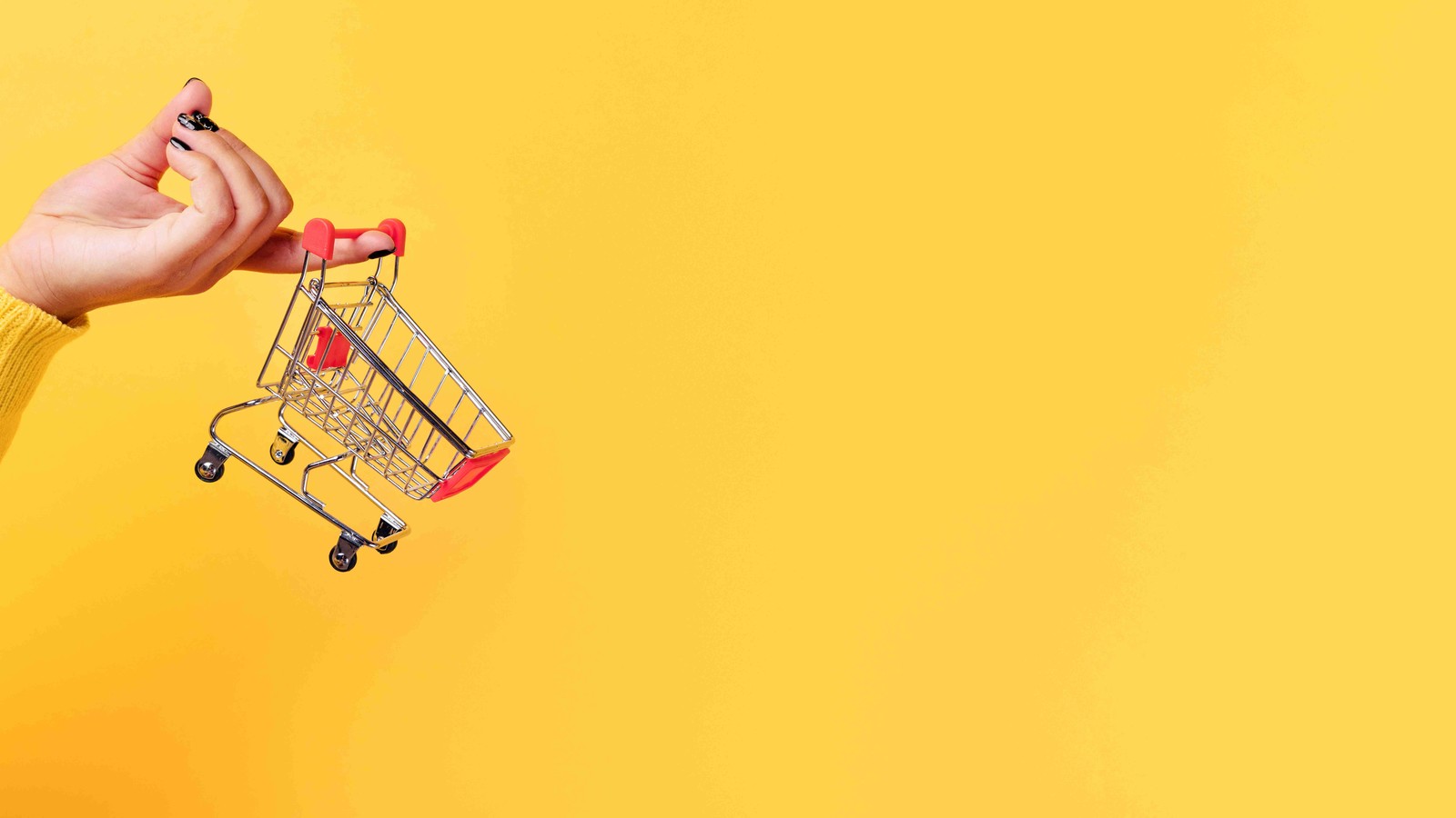 Human arm holding a small shopping cart.