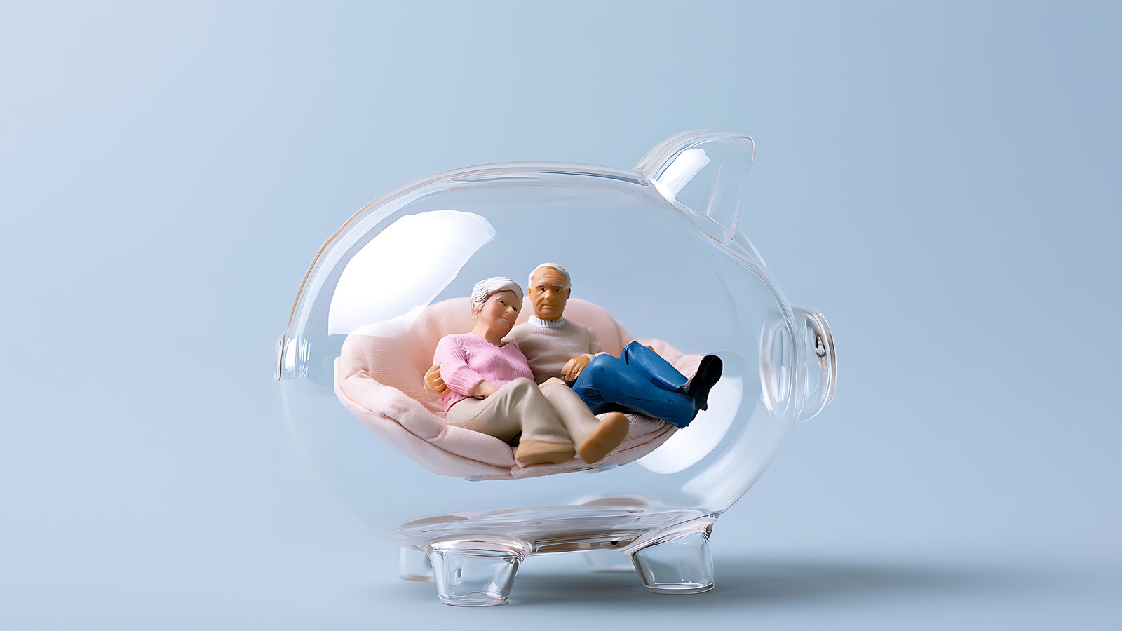 Elder couple on couch inside of a see-through piggy bank