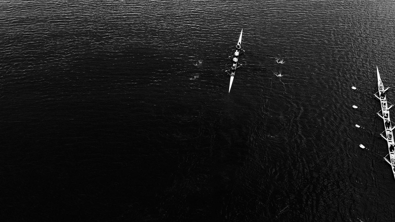 Overhead shot of three different row boat teams