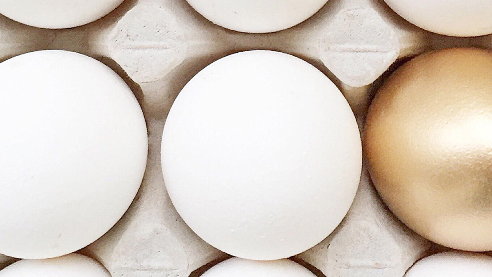 A row of eggs with an egg painted gold. 