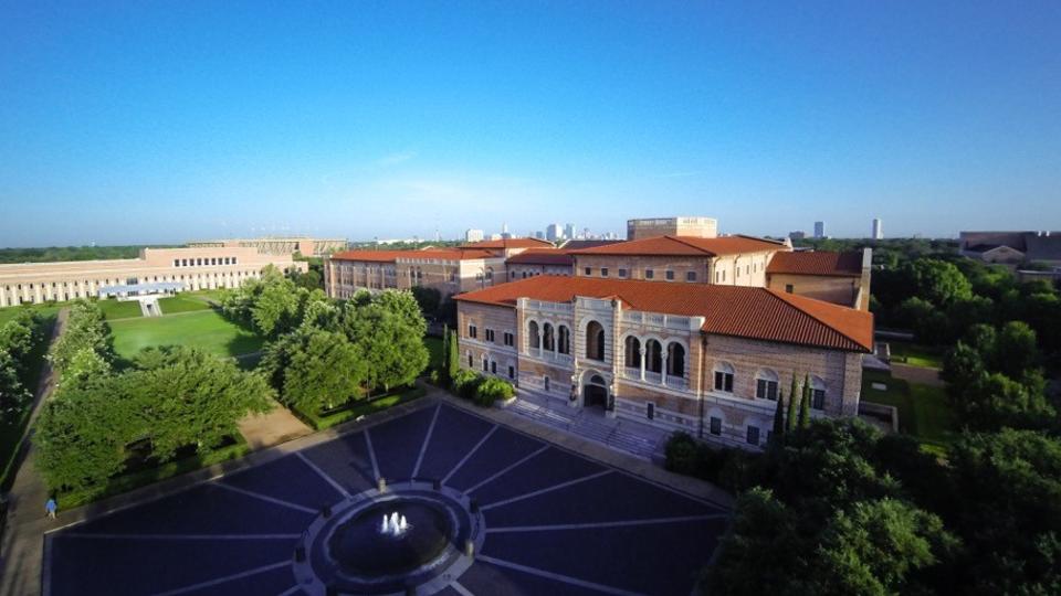 Aerial view of McNair Hall with fountain view