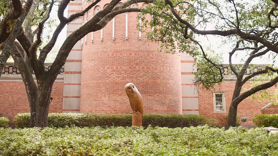 Building image with an owl statue in the front at Rice University