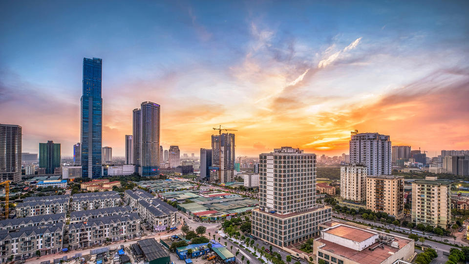 Energy outlook city at sunset