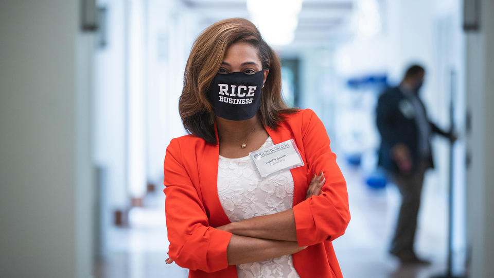 Rice Business student with mask on