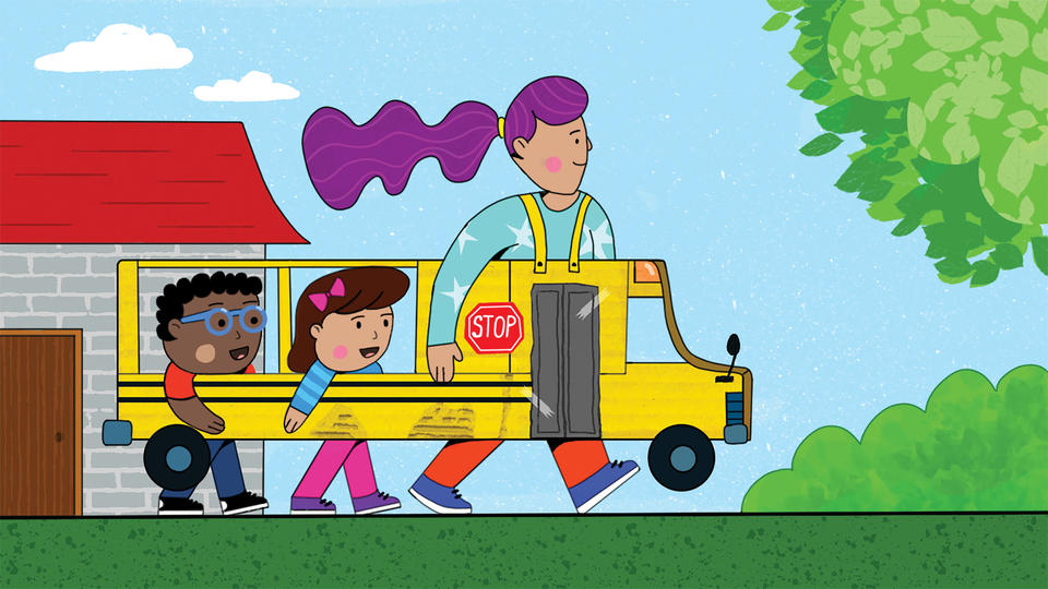 Illustration of school bus and students