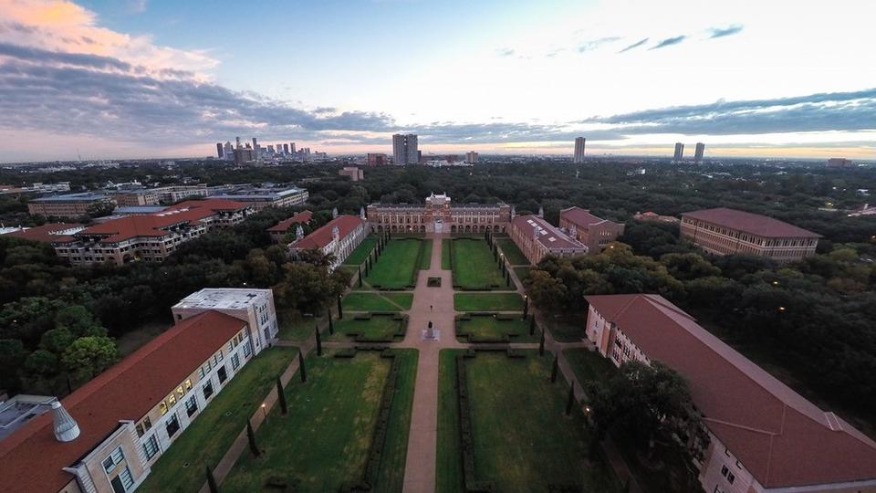 drone photo of lovett hall at rice university