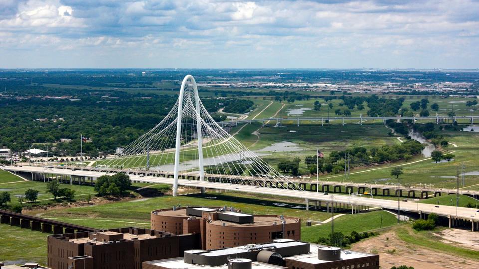 Aerial shot of the Margaret Hill Hunt Bridge in Dallas