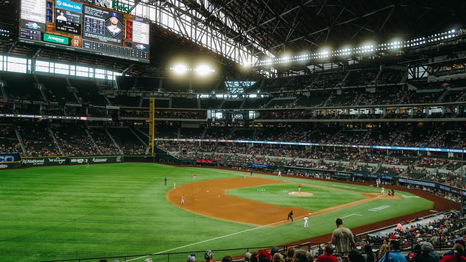 A wide-angle shot of the baseball diamond at Globe Life Field from the third-base side