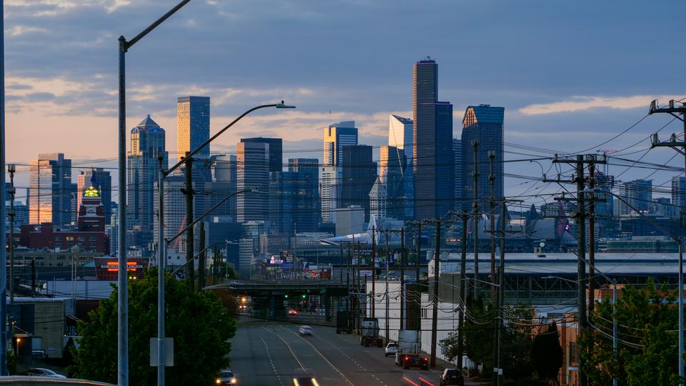 A view of downtown Seattle during sunset