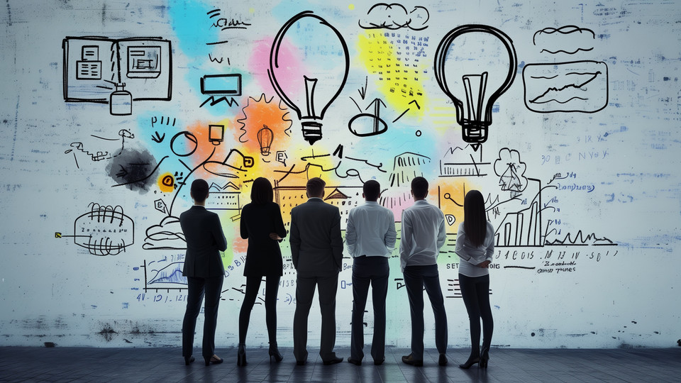 group of people in a line looking at a mural of light bulbs