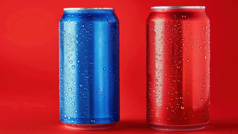 Blue and red soda cans