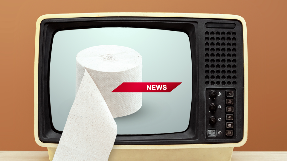 Television showing toilet paper roll, with chyron that says "News"