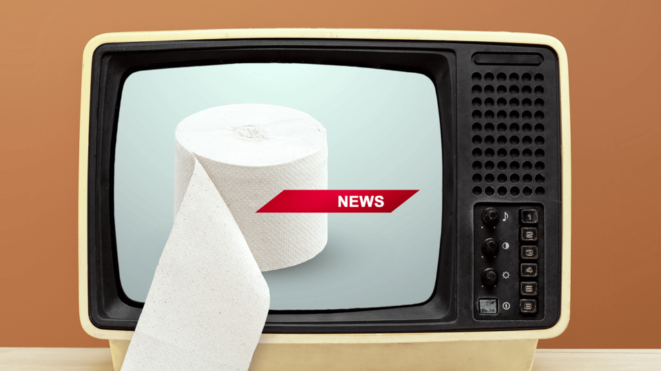 Television showing toilet paper roll, with chyron that says "News"