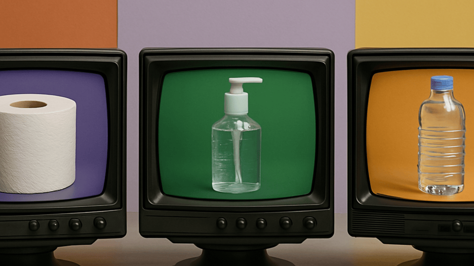 Three televisions, each with a different product: toilet paper, hand sanitizer, and bottled water
