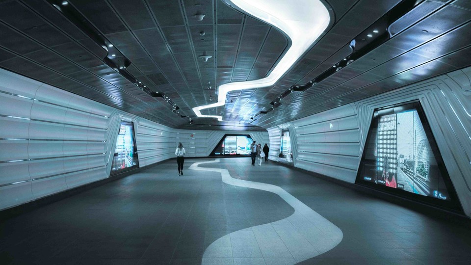 Futuristic hallway with zig-zag ceiling light