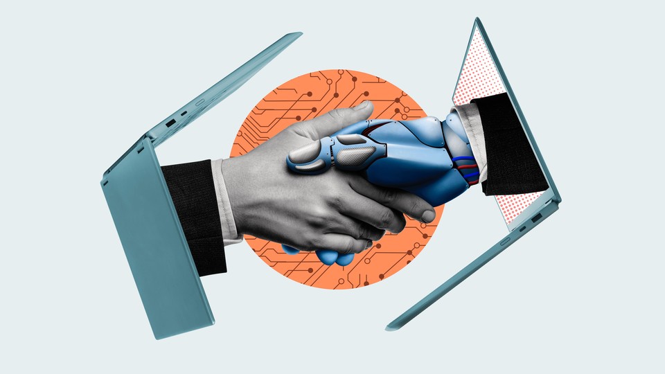 Illustration of human and robot hands emerging from laptops in a handshake