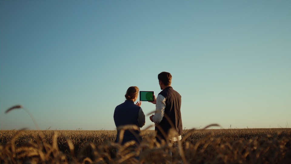 Two people in field looking at screen