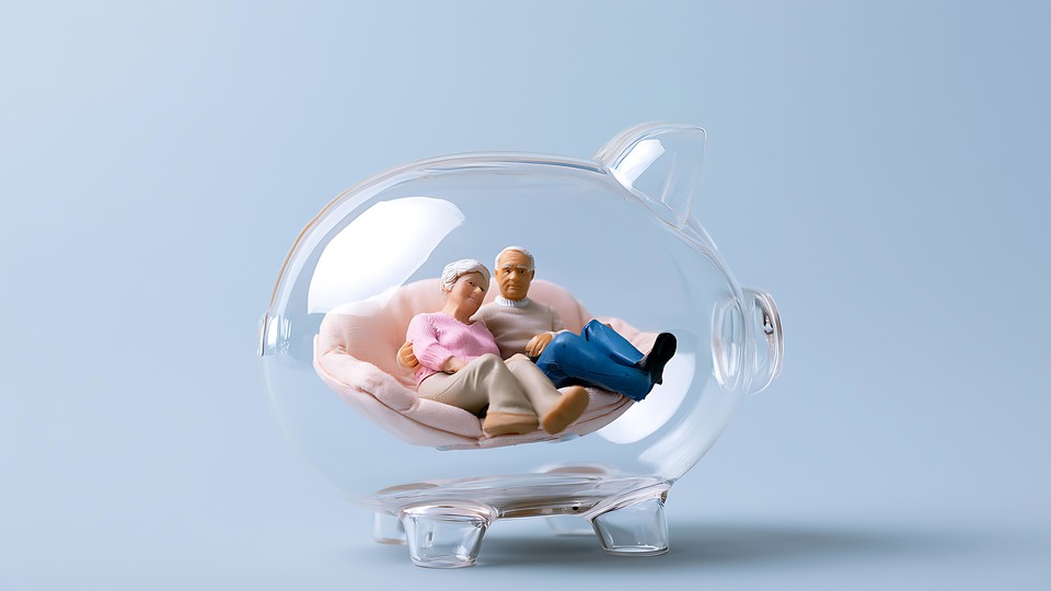 Elder couple on couch inside of a see-through piggy bank