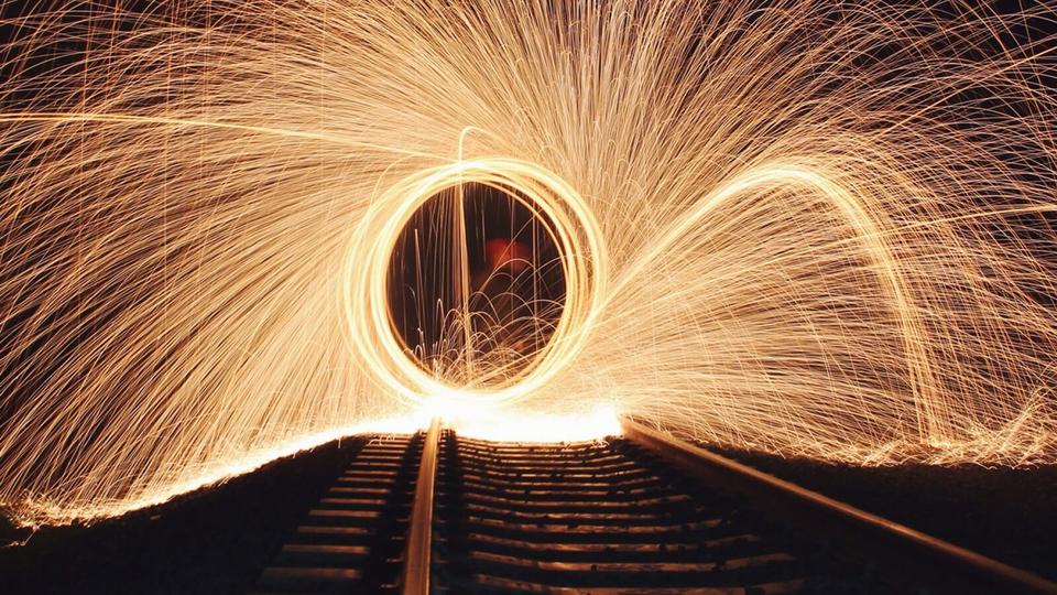 Circle of sparks on a train track