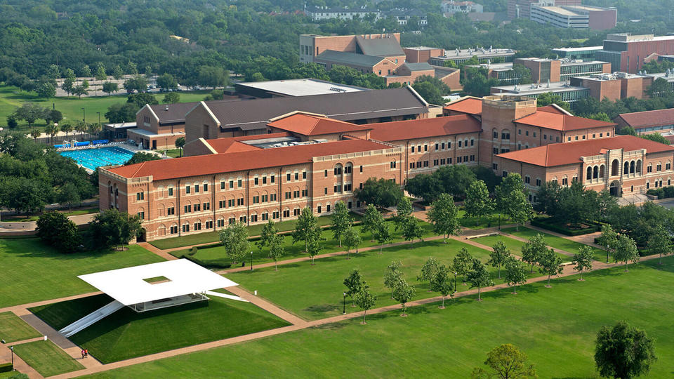 Aerial photo of McNair Hall and The James Turrell Skyspace