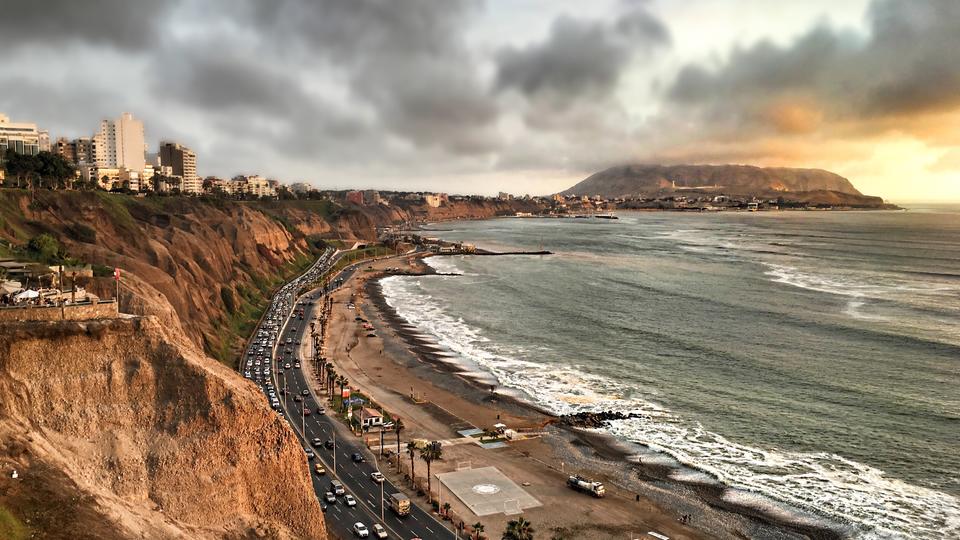 Shot of Lima, Peru coastline with traffic. 