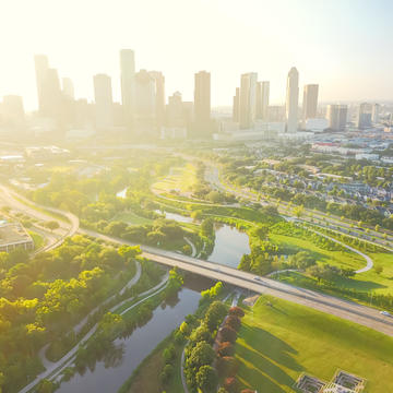 Houston Aerial Shot with buffalo bayou and downtown