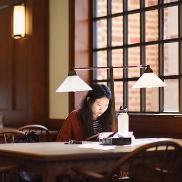 Female student working in business information center BIC