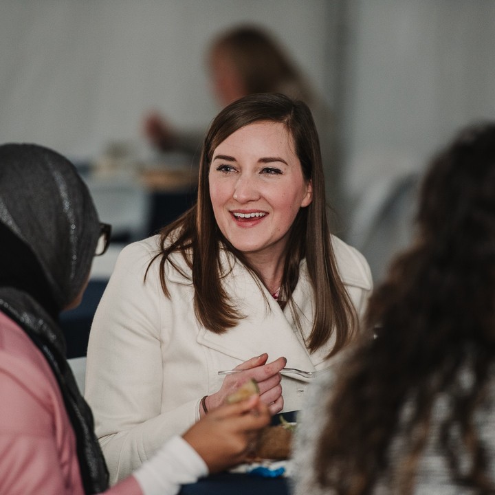 Two female Rice MBA students networking